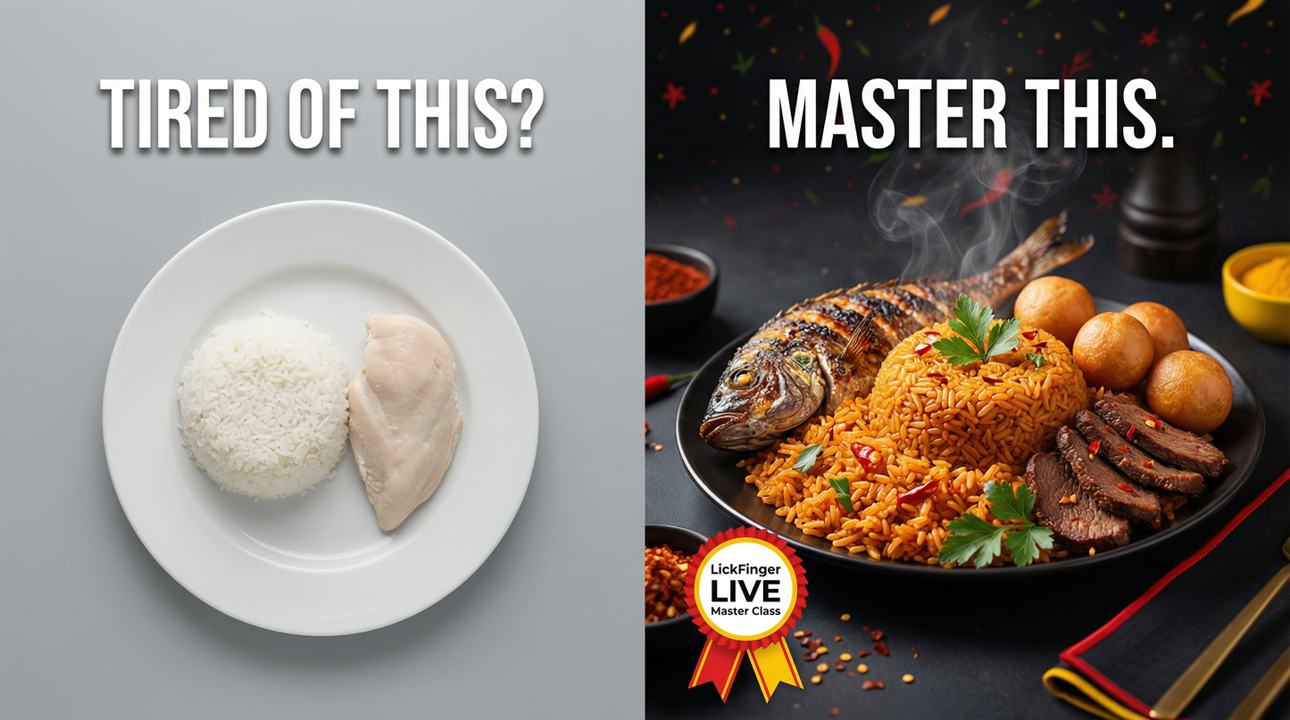 Comparison of plain food with flavorful dish, featuring LickFinger LIVE logo.